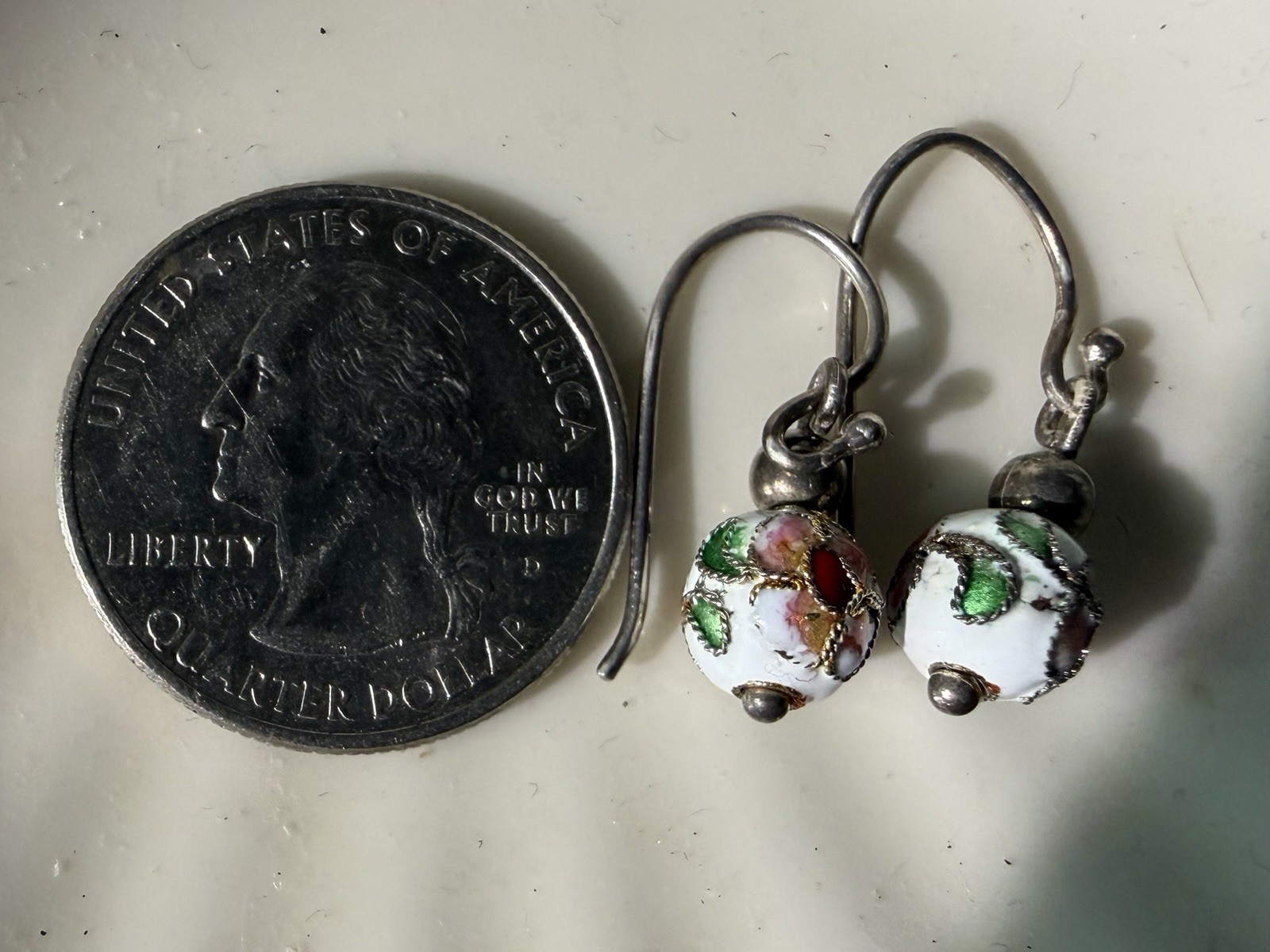Dainty Vintage Cloisonné Bead Earrings Dangle, Pierced Ears, Classic Jewelry