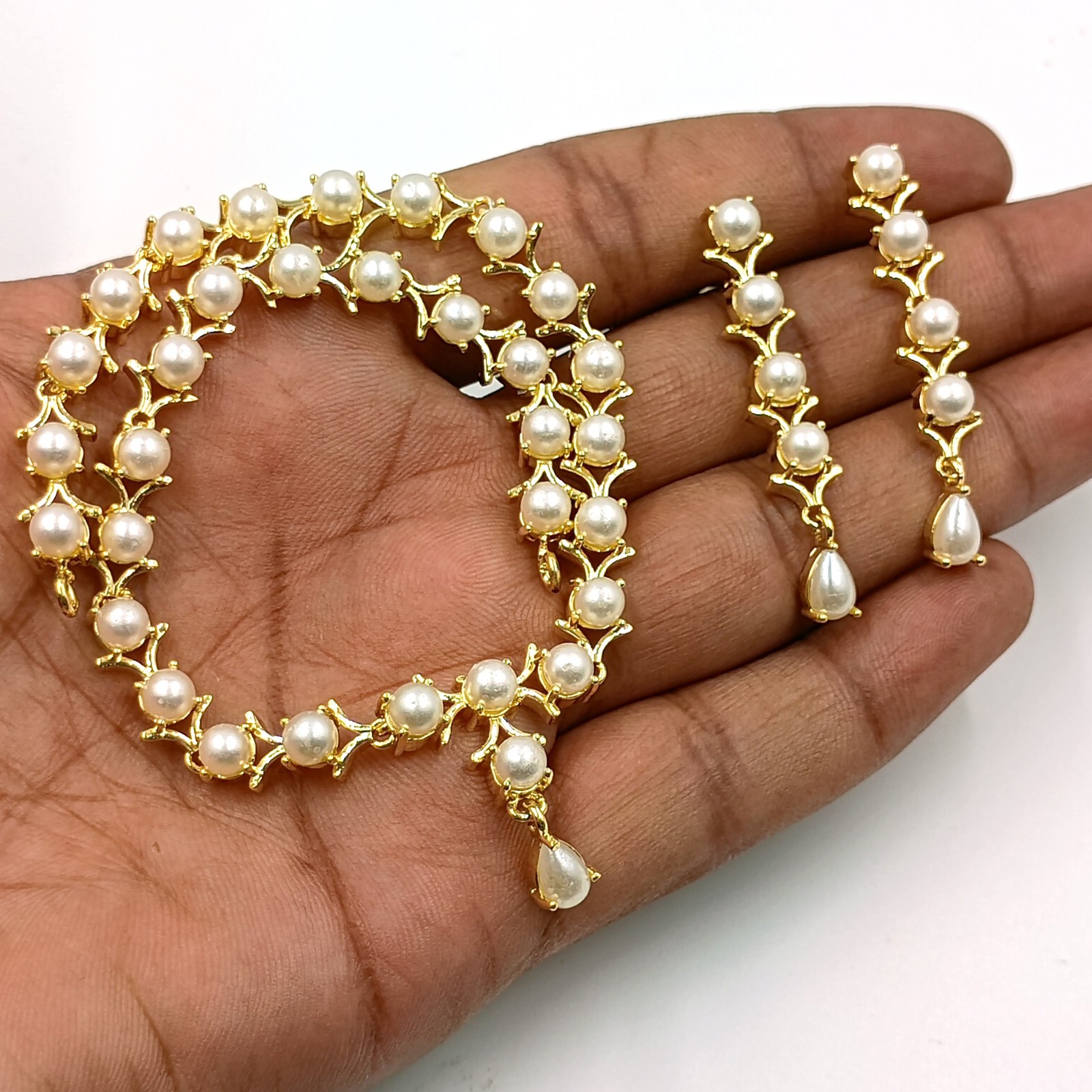 22k Gold Plated Pearl Round Stone Statement Necklace Set Wedding Jewelry Women’s