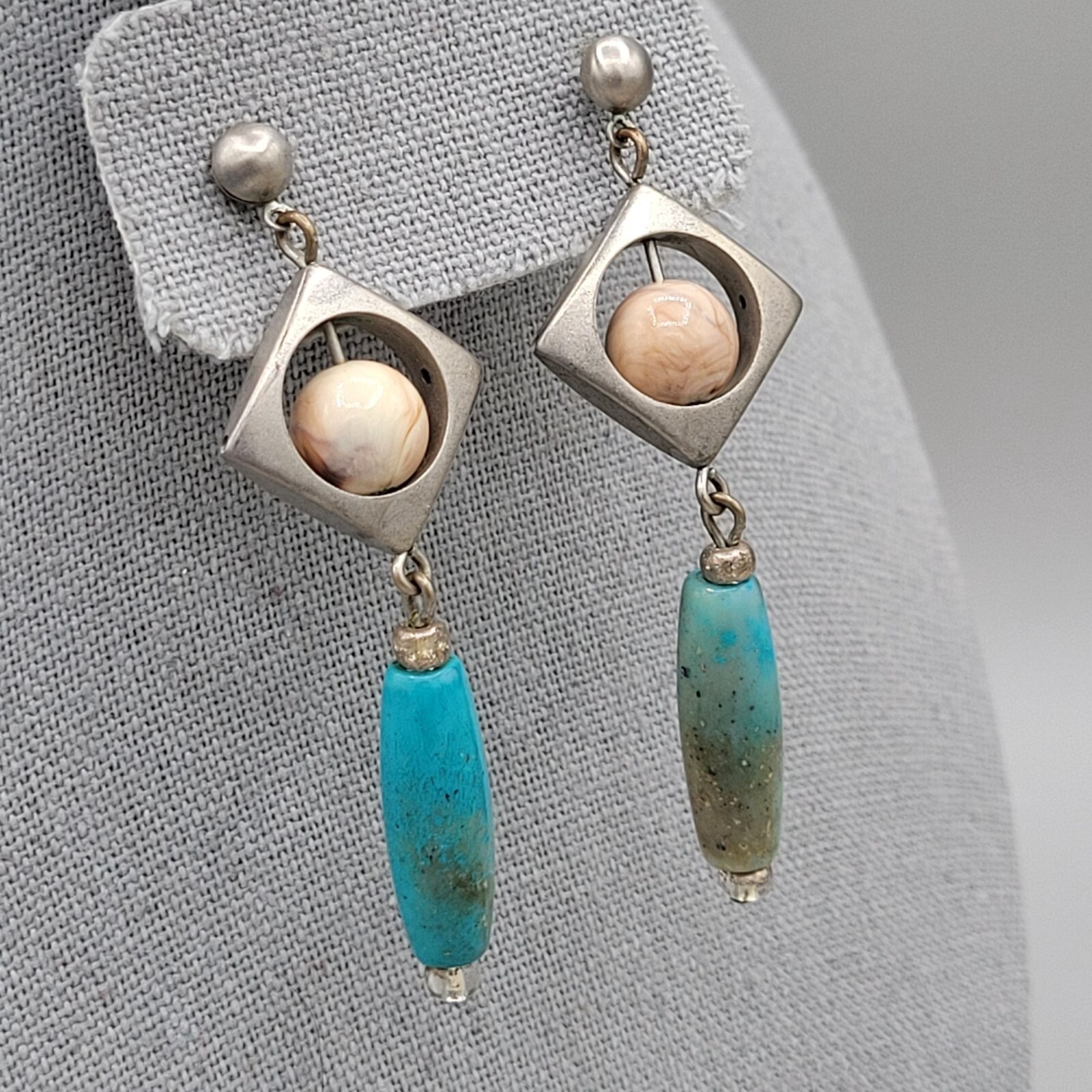 Silver Tone Drop Stud Earrings Blue Dyed Howlite Bead Dangle Geometric Style