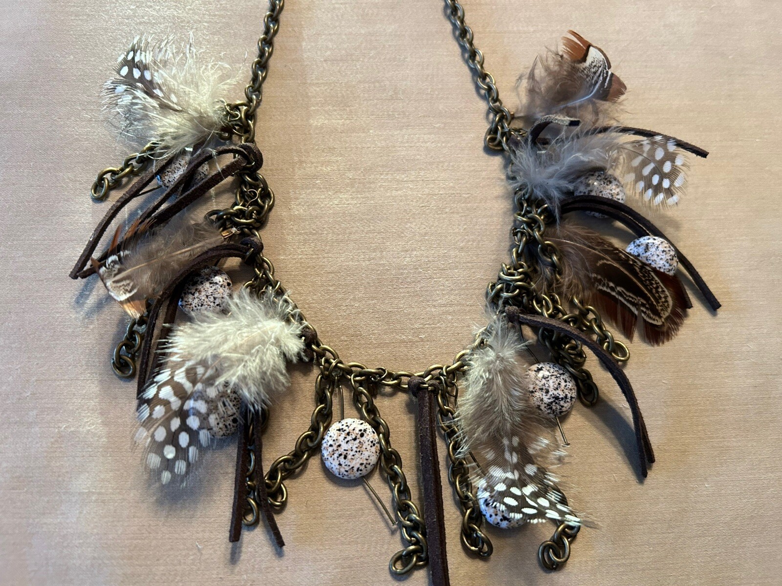 Boho Feather Stone Necklace Bronze Tone Chain Gold Tone Dangle Feather Earrings