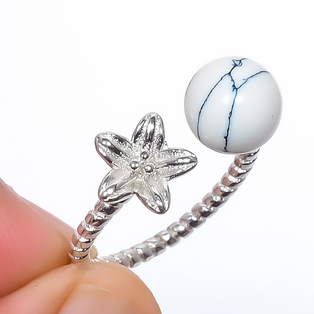Natural Howlite-Usa White Gold Rhodium Plated Flower Ring Adjustable (68)