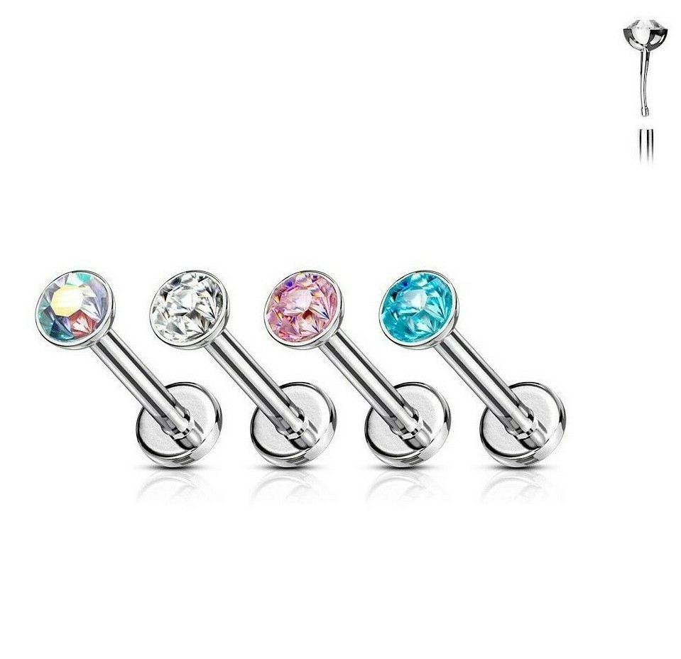 THIN 20G 1/4″ CLEAR CZ GEM THREADLESS PUSH IN PIN STEEL LABRET TRAGUS RING STUD