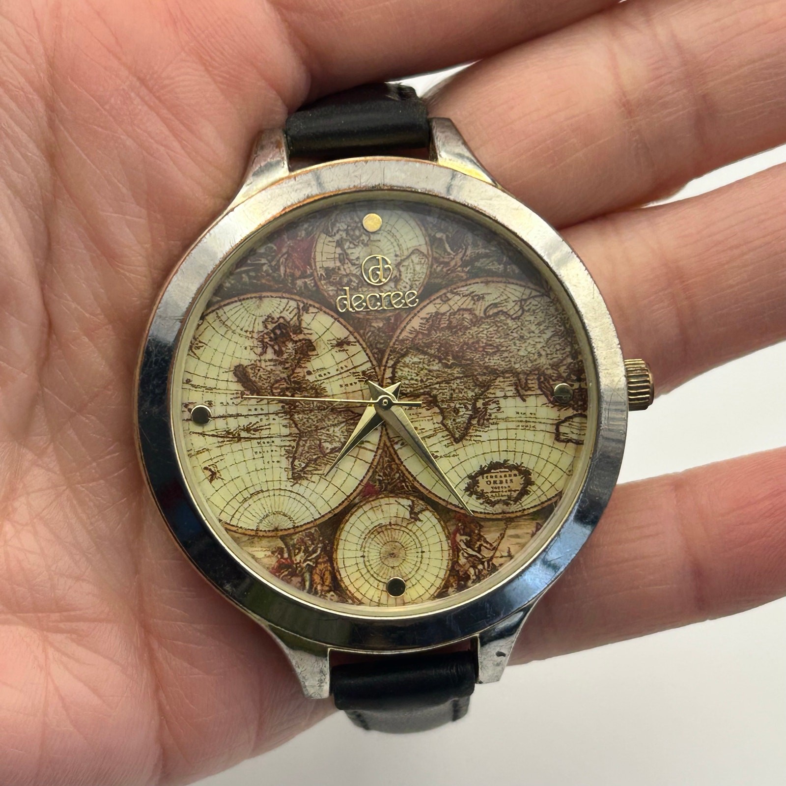 Decree World Map Dial Silver Black Leather Watch Working New Battery