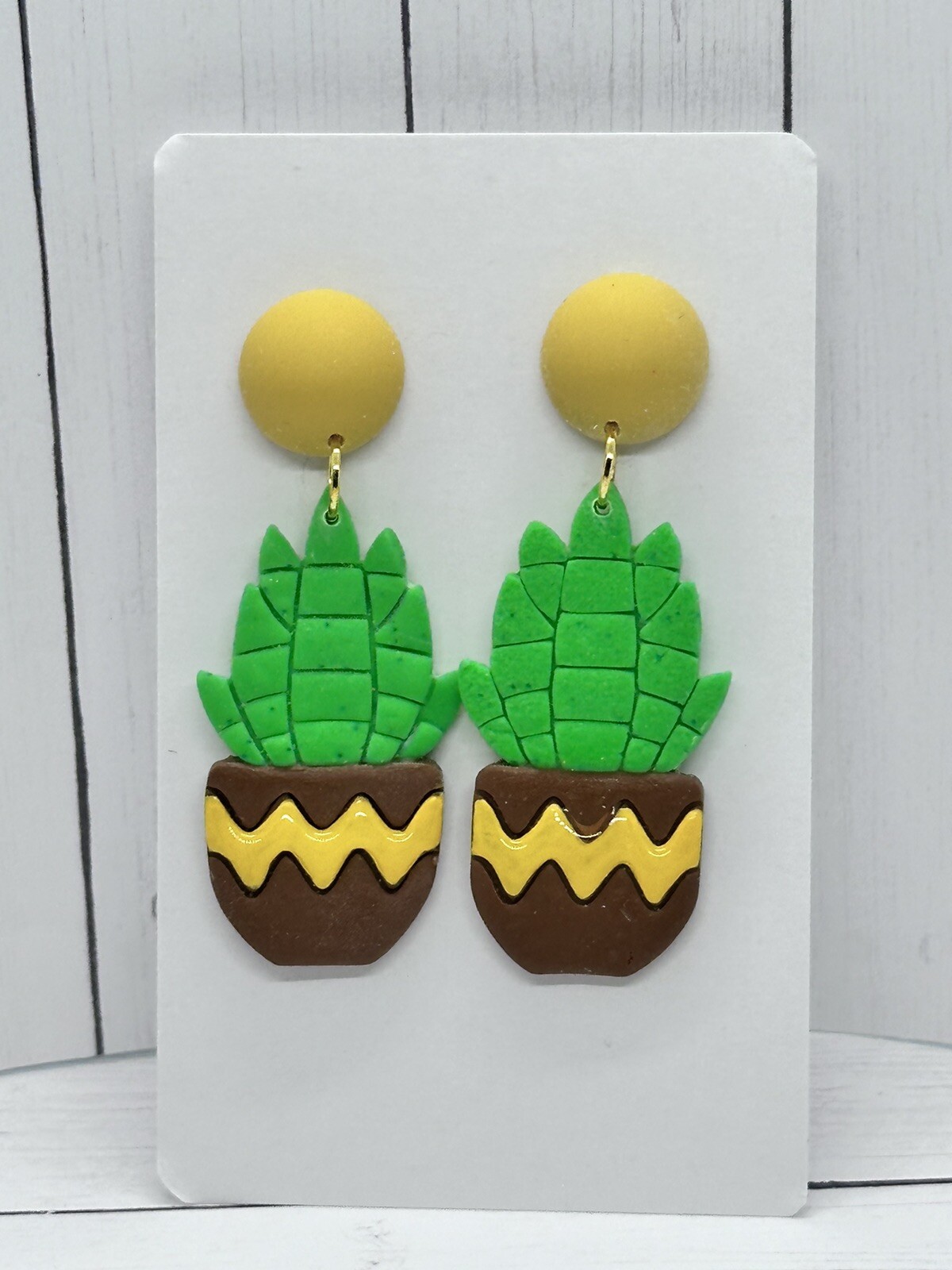 Succulent In Yellow Striped Pot Statement Earrings