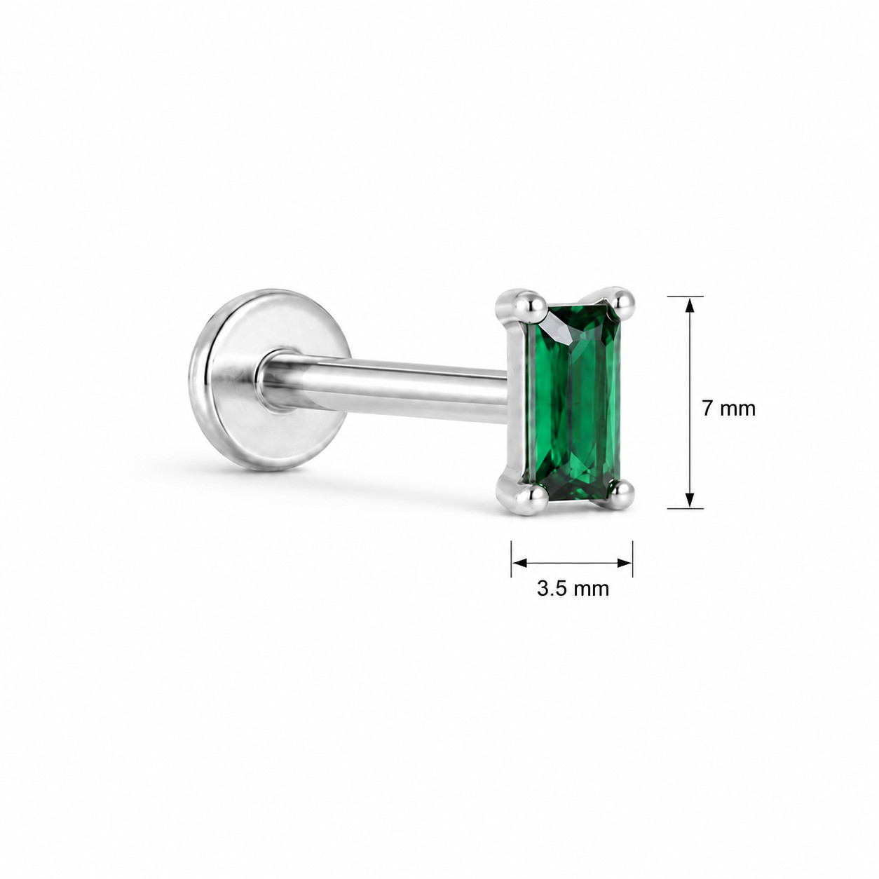 Emerald Baguette CZ Titanium Flat Back Labret Stud Threadless Push Pin 16G-20G