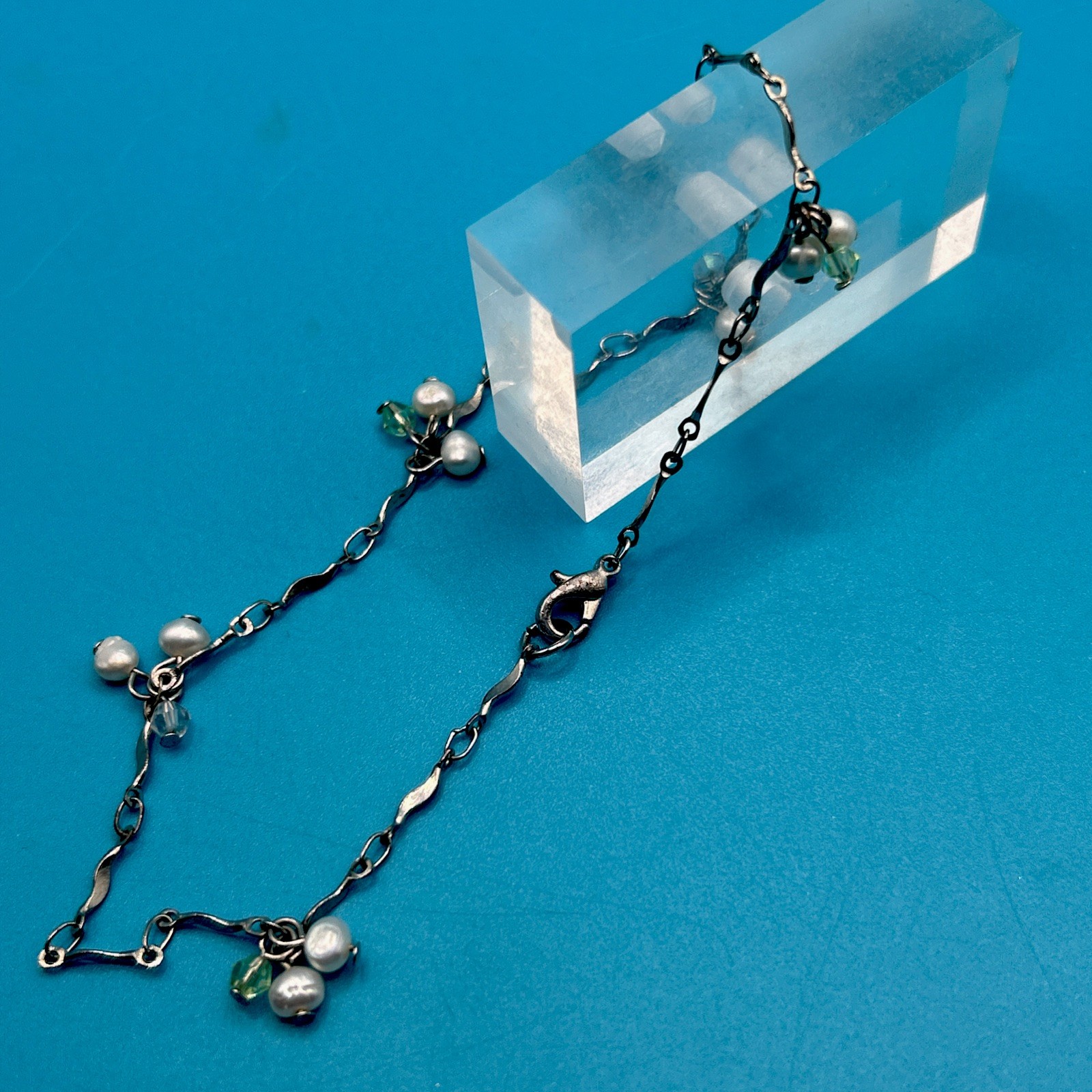 Vintage Silvertone Fresh WaterPearl Dangle Anklet Wave Chain 9.5 Inches
