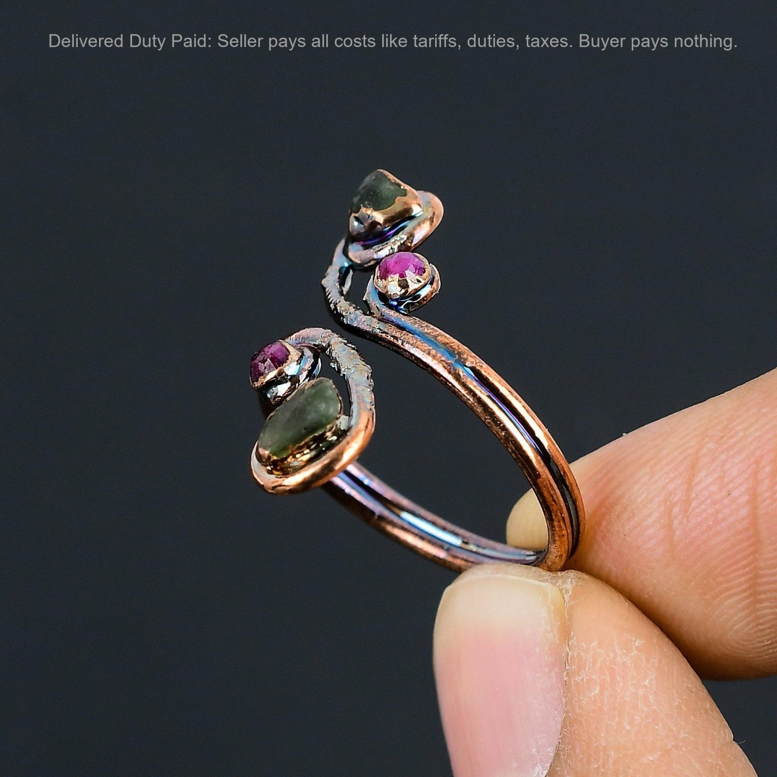 Multi Tourmaline Rough Stone Copper Electroformed Mother Stackable Ring Jewelry