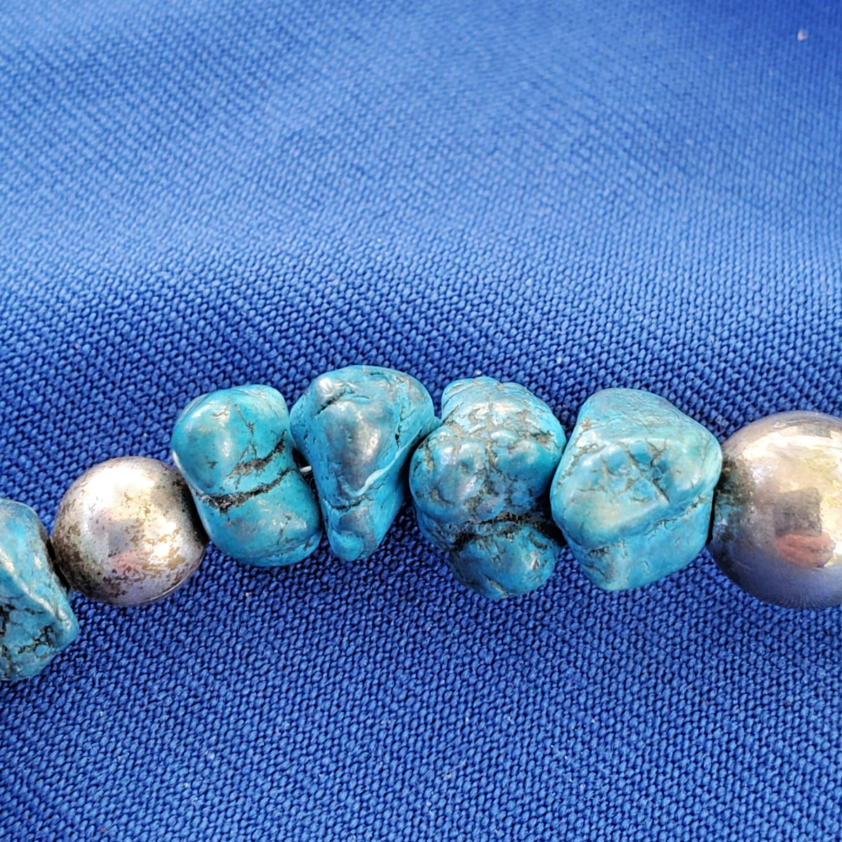 Original NATIVE VINTAGE NAVAJO TURQUOISE STERLING SILVER Beads NECKLACE 21″ INCH