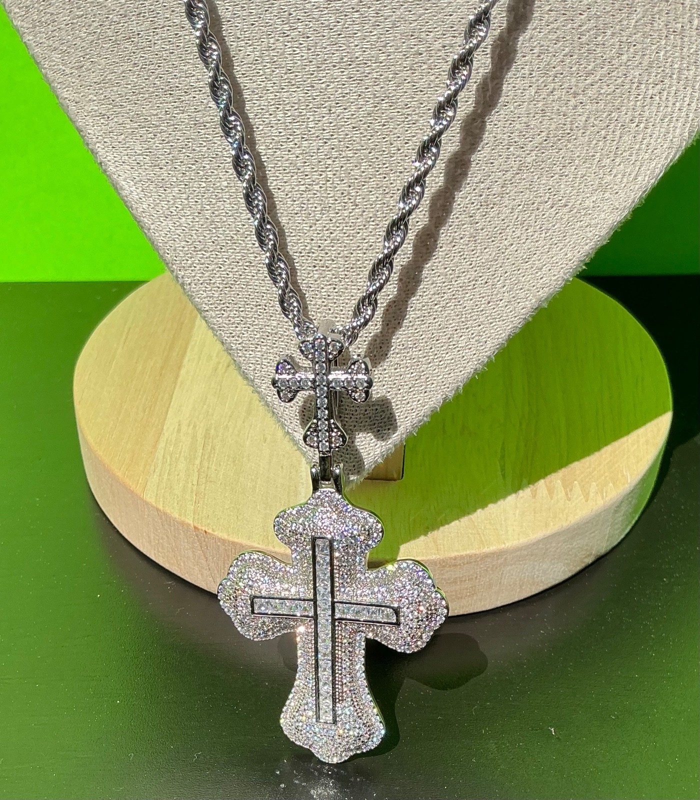 New Men Women White Gold Tone Cross CZ Chain Necklace Hip Hop Rap Fire Bling