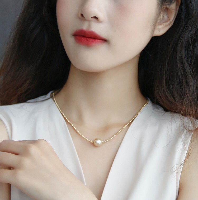 Natural 13.9mm South Sea Golden Pearl Necklace, Sunset Deep Gold with 18K Gold