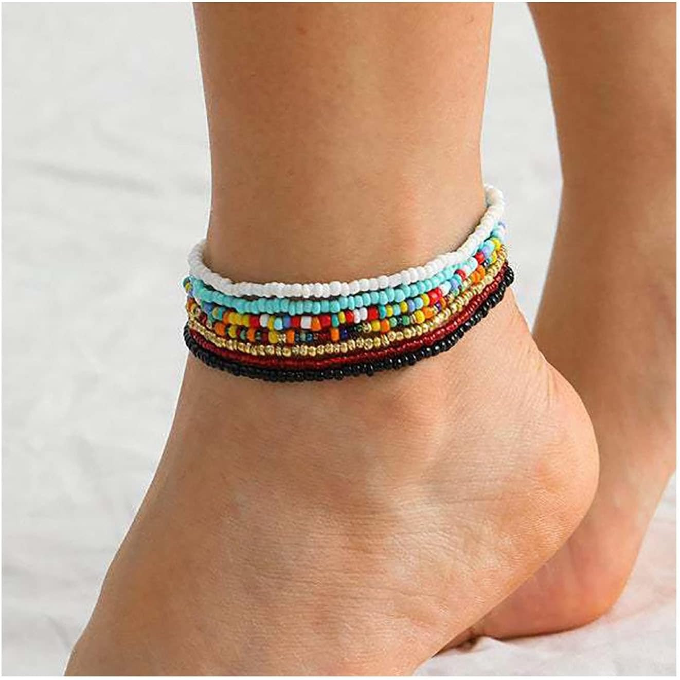 7PCS Boho Beaded Anklets Stretch Glass Seed Bead Bracelet Set