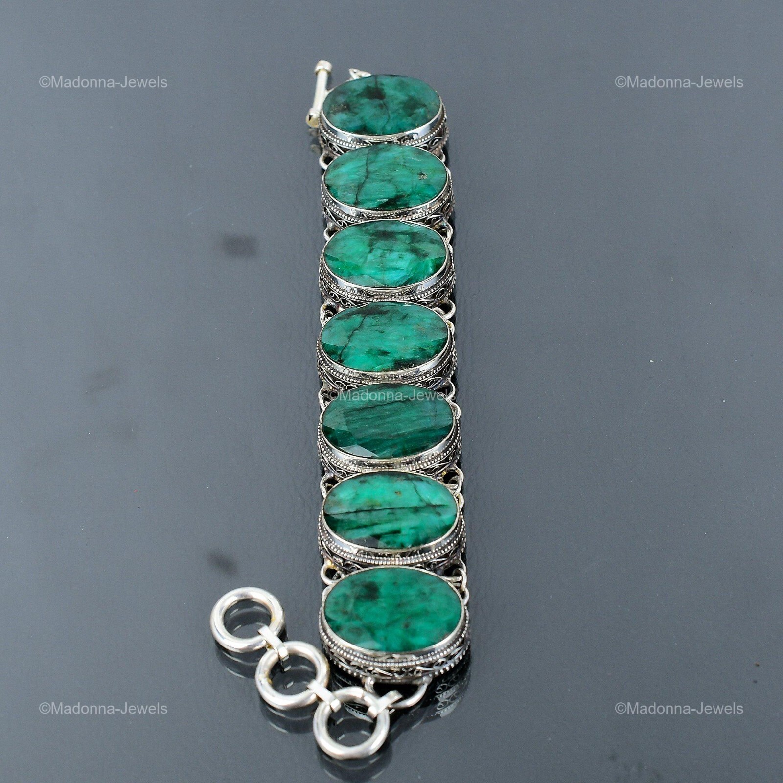 Zambian Emrald Gemstone 925 Sterling Silver Chain Bezel Vintage Unique Bracelet