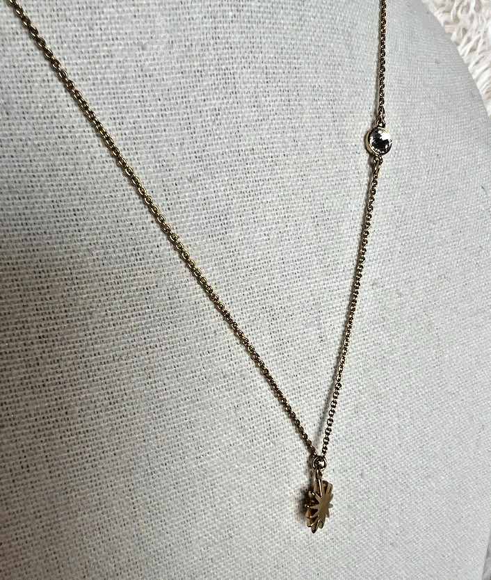 Alexa’s Angels Gold Tone Necklace Sunburst Charm Crystal Dainty Minimalist 17″