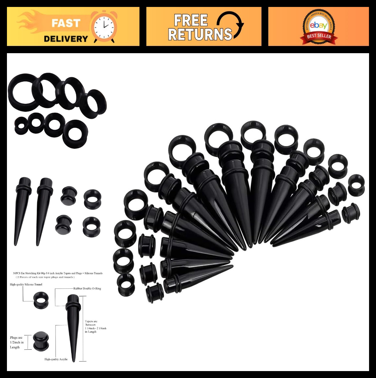 36-Piece Ear Stretching Kit – Acrylic Tapers, Silicone Tunnels & Plugs 00G-20mm