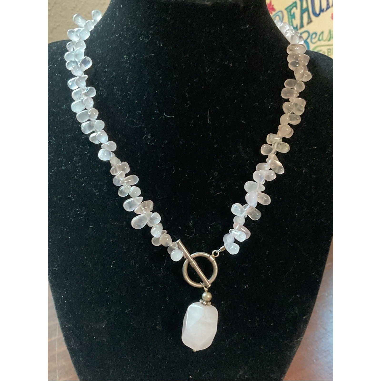 Vintage Sterling Silver Rose Pink Quartz Toggle Clasp Necklace 17.75”