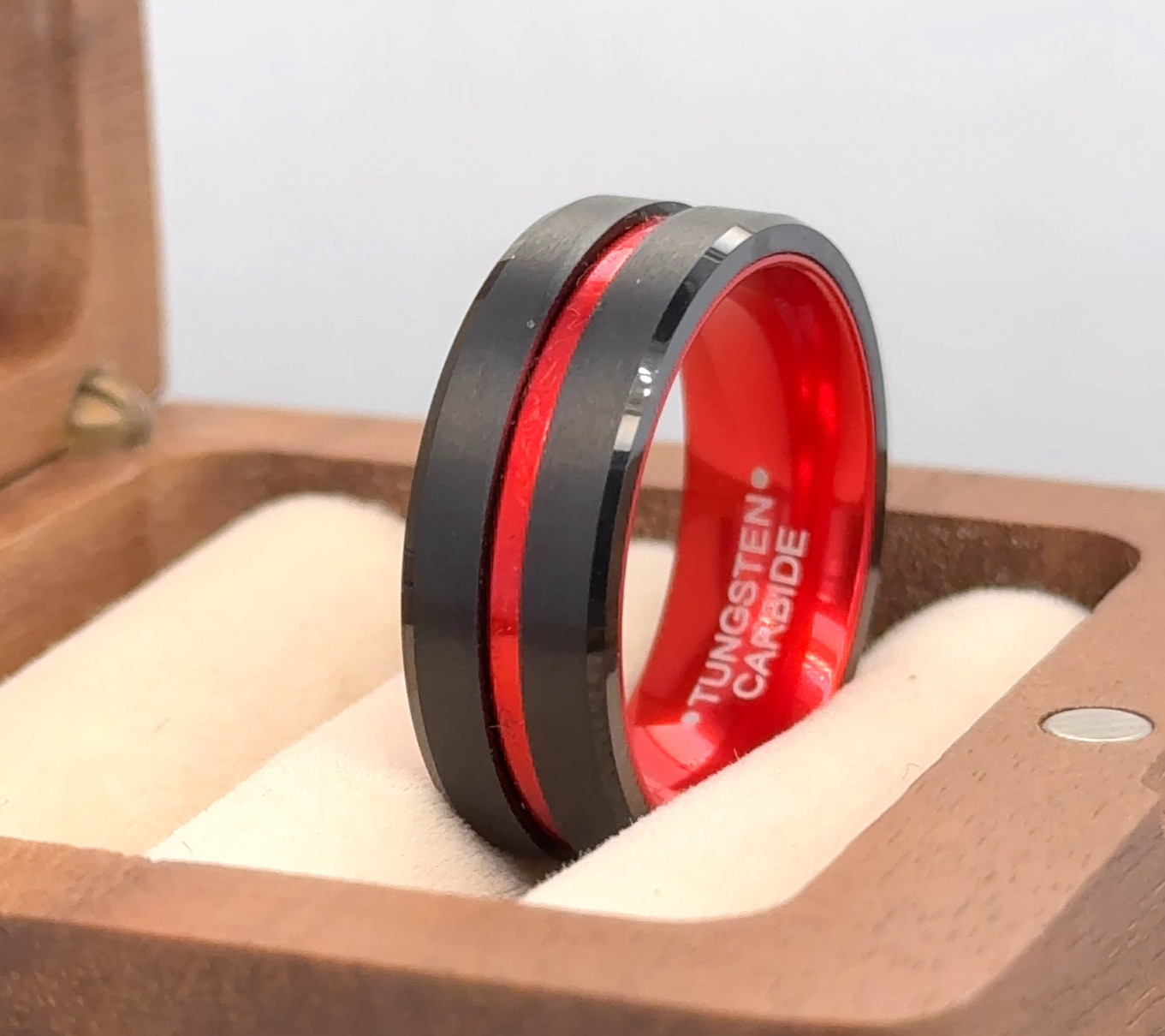 Red & Black Tungsten Band Groove Brushed Polished Ring Future Wife Ring