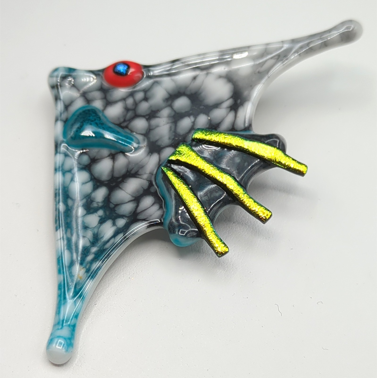 Fashion Brooch Pin Angelfish Fish Sea Creature Blue Gray Red Iridescent Green