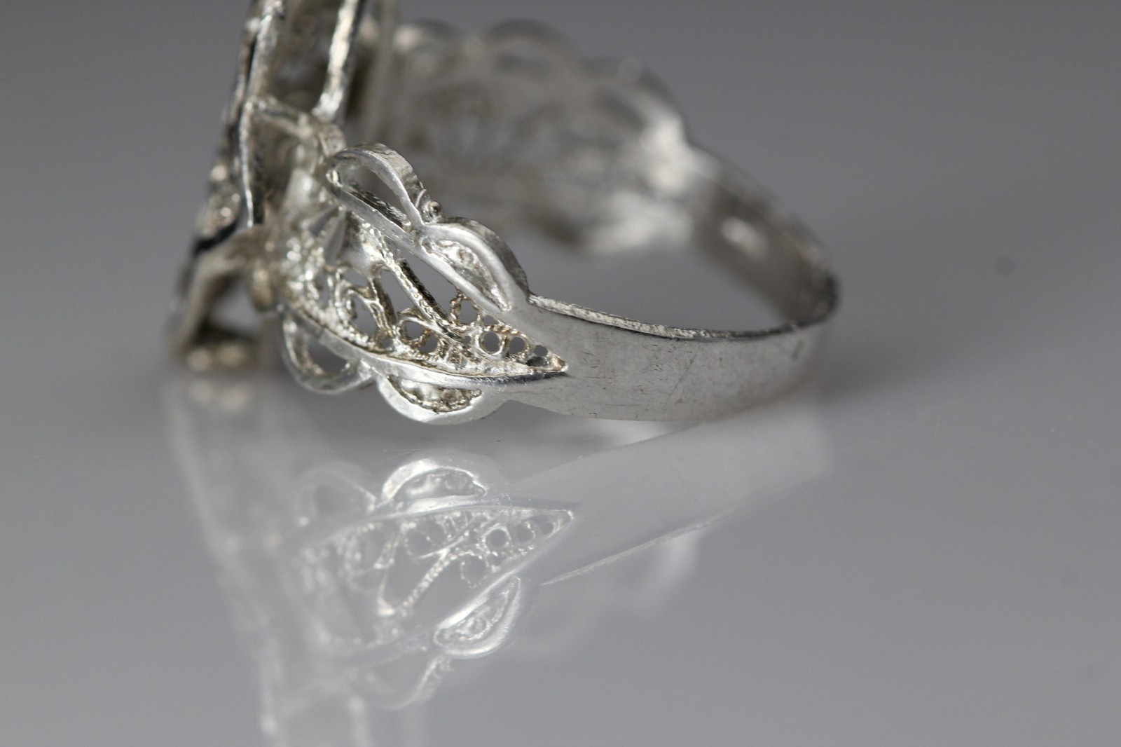 925 Sterling Silver Artisan Marquise Filigree Heart Size 8.75 Ring 3.2g(RIN9703)