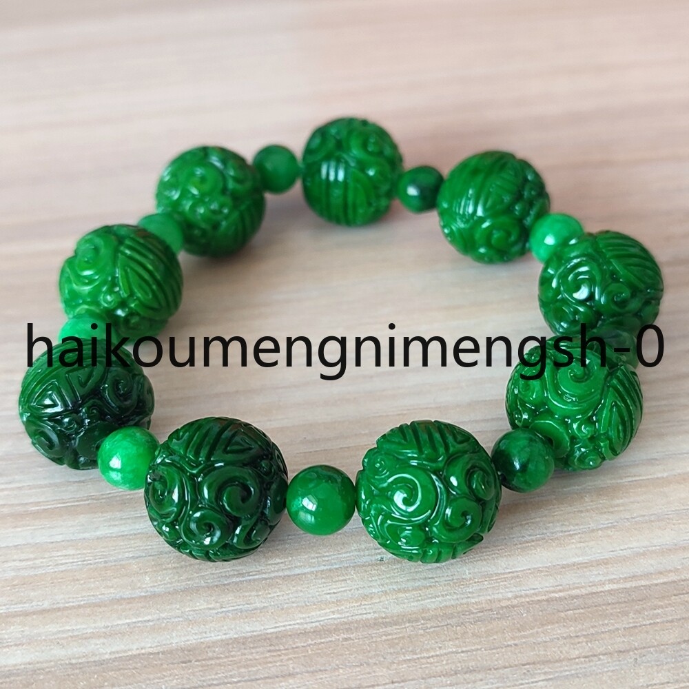 16mm Natural Green Burma Jade jadeite Carved RUYI Round Beads Bracelet 7.5″