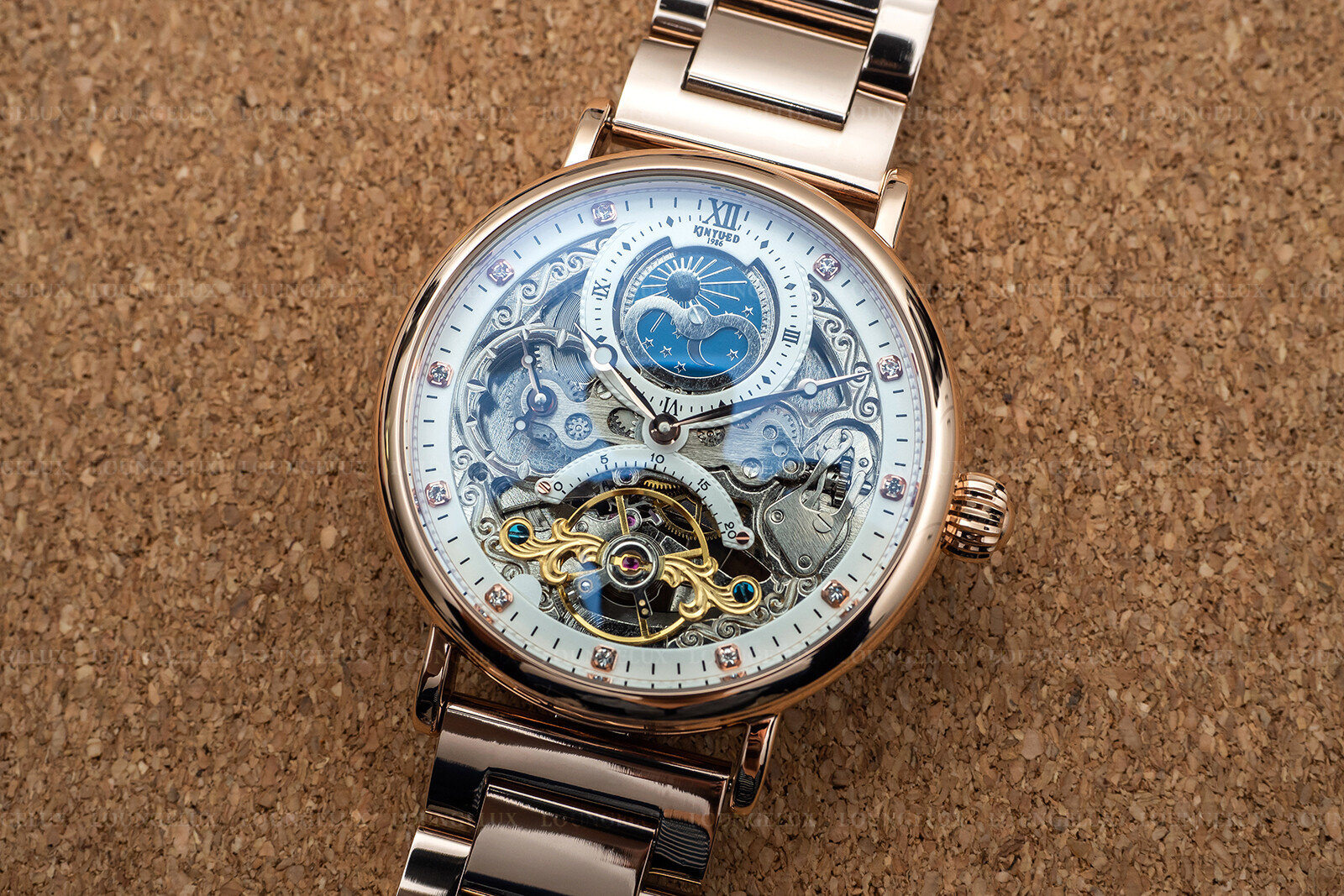 Mens Dual Time Flywheel Automatic Mechanical Watch Rose Gold Stainless Steel