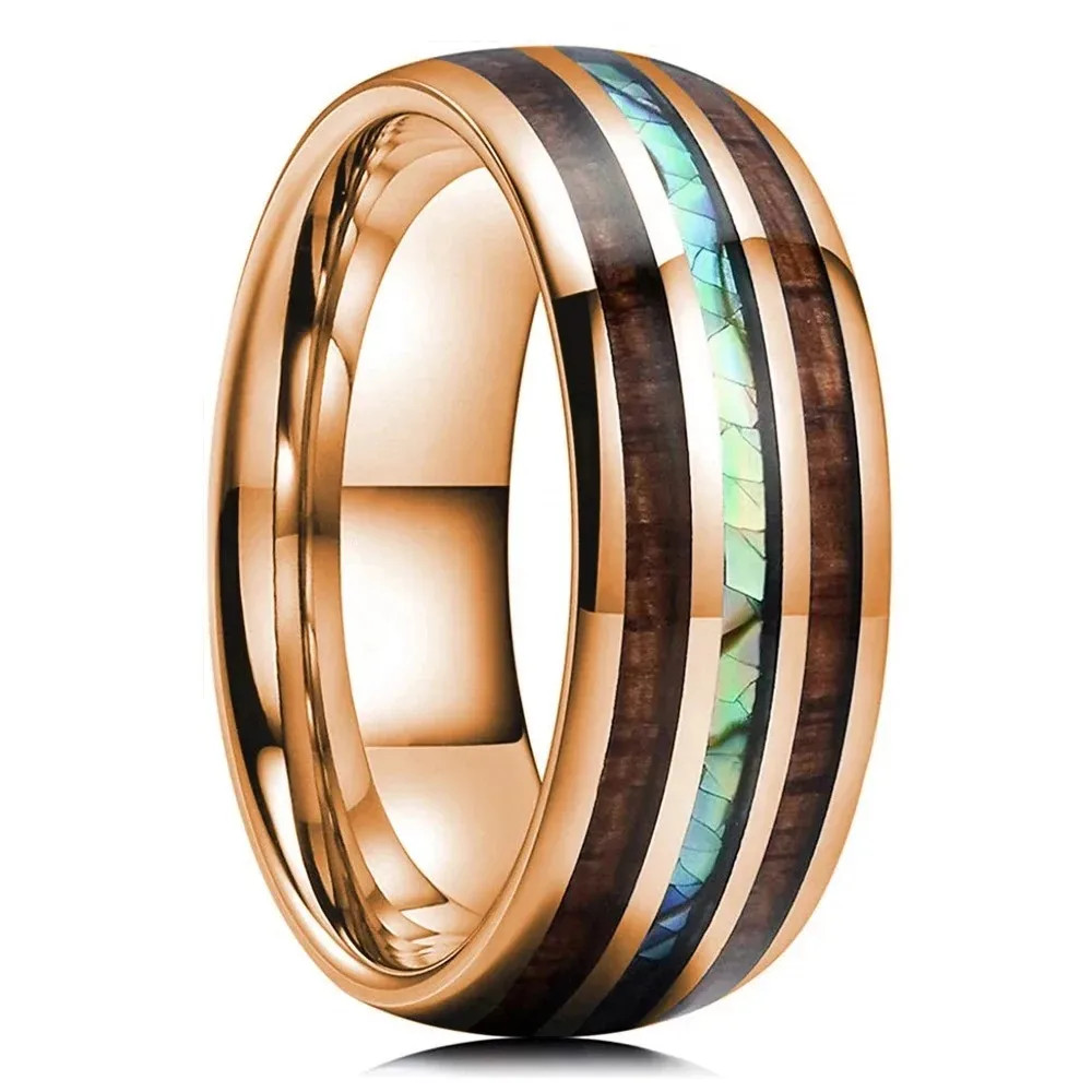 Stainless Steel Abalone Shell Ring 8mm Purple Polished Wedding Band Men