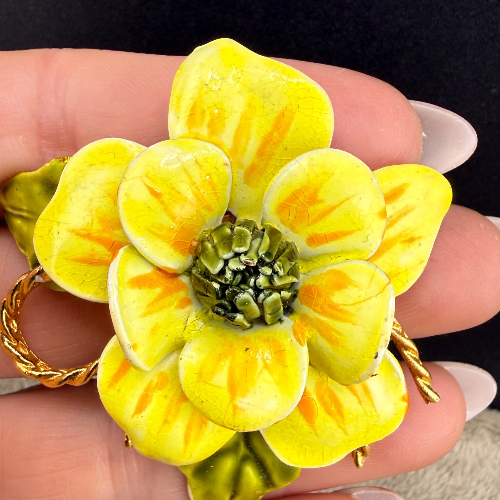 Vintage Enamel Flower Brooch Yellow Mod Pop Art