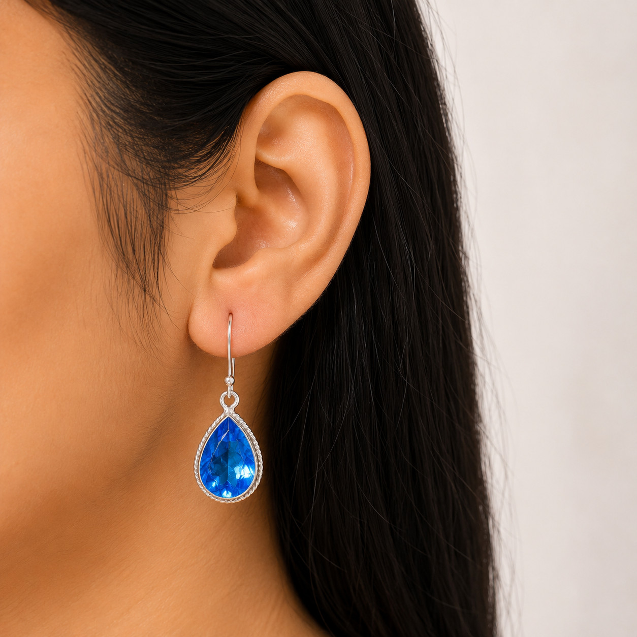 Swiss Blue Topaz Gemstone Jewelry 925 Silver Handmade Earrings 1.6″Gift For Wife