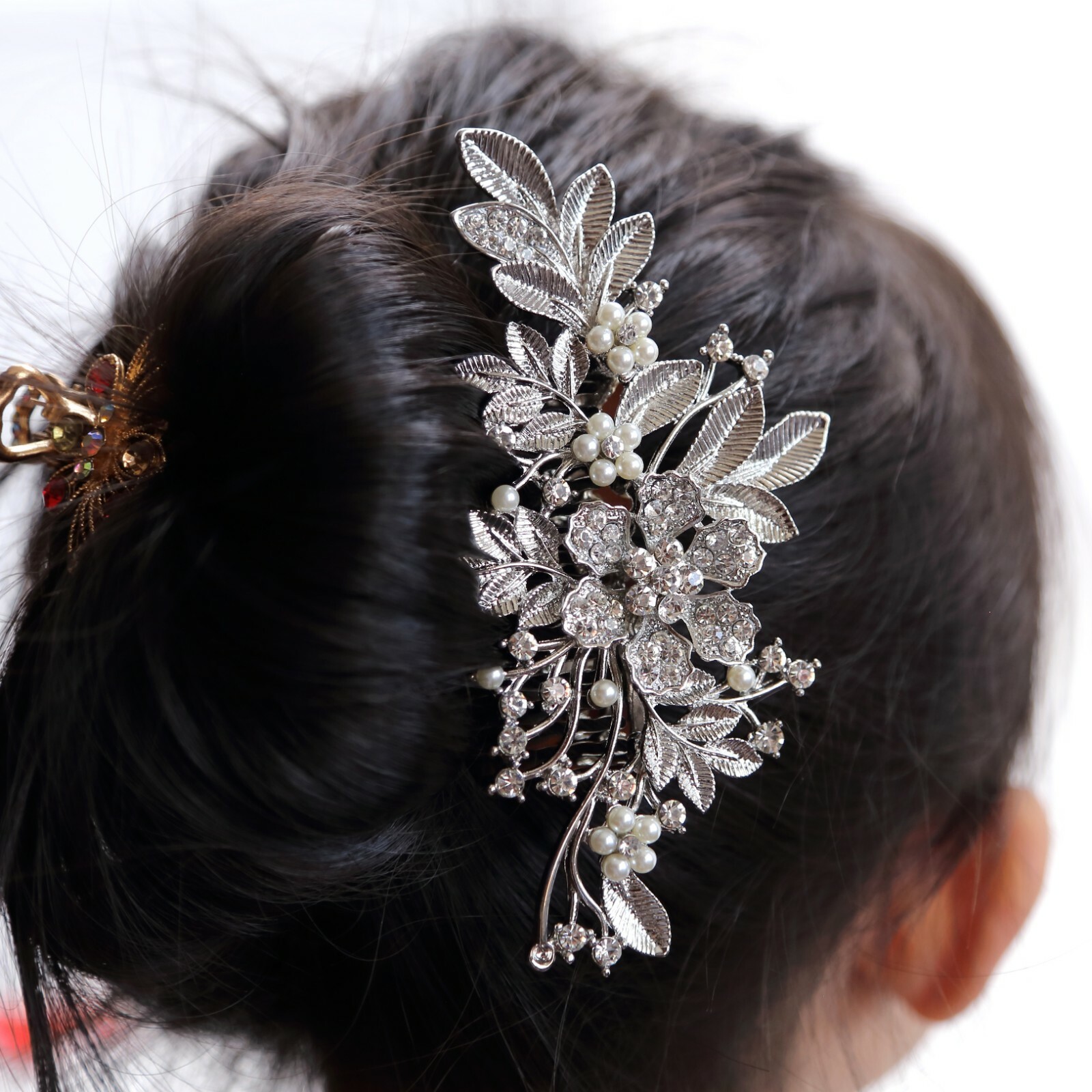 Silver tone flower hair comb bridal wedding crystal rhinestone hair accessories