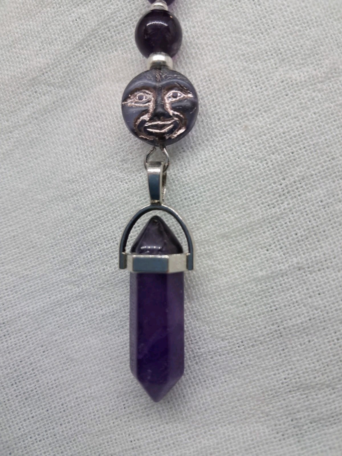 Genuine AMETHYST DT Crystal Beads Czech Glass Moon Face Pendant Necklace Wicca
