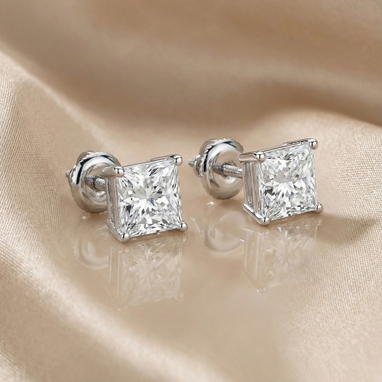 3 Ct Princess Lab Created Moissanite Earrings 18k White Gold Vermeil Screw
