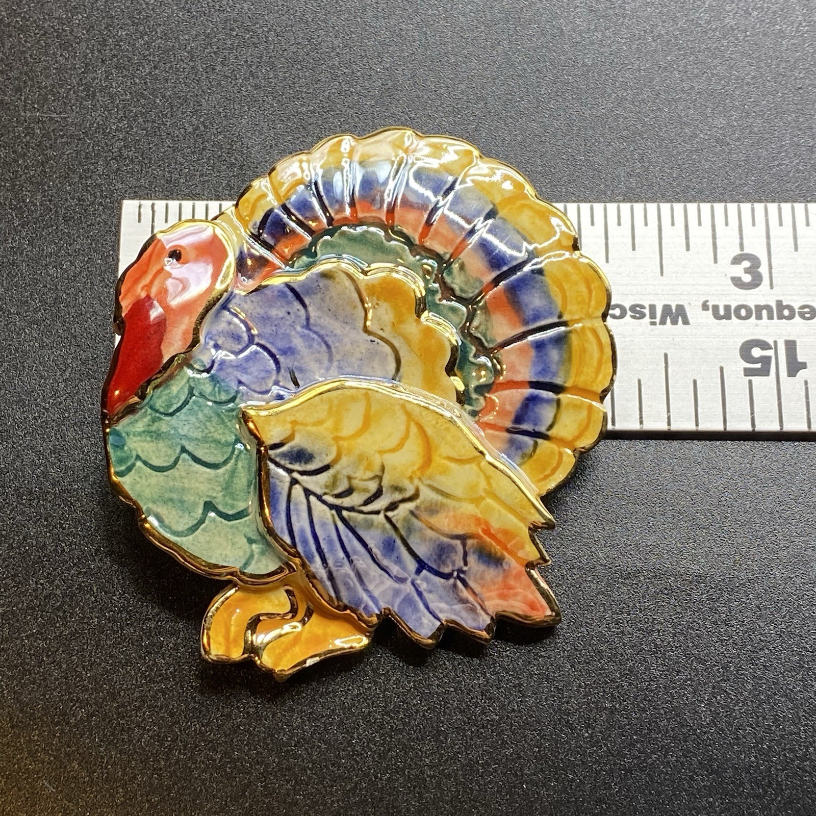 Large Handmade Thanksgiving Enamel Ceramic Turkey Brooch