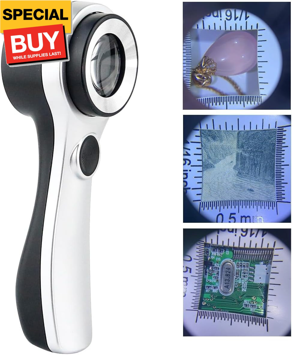 Handheld 10X Magnifier Loupe Optical Glass Magnifying Glass with Light Scale Mag