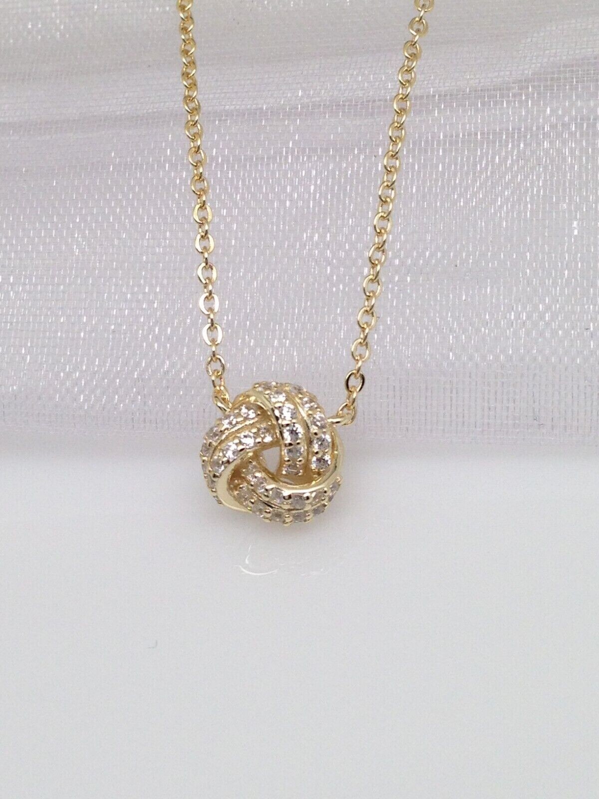 925 Sterling Silver CZ Gold Love Knot Pendant Necklace Women 8mm 15.75-17.75″