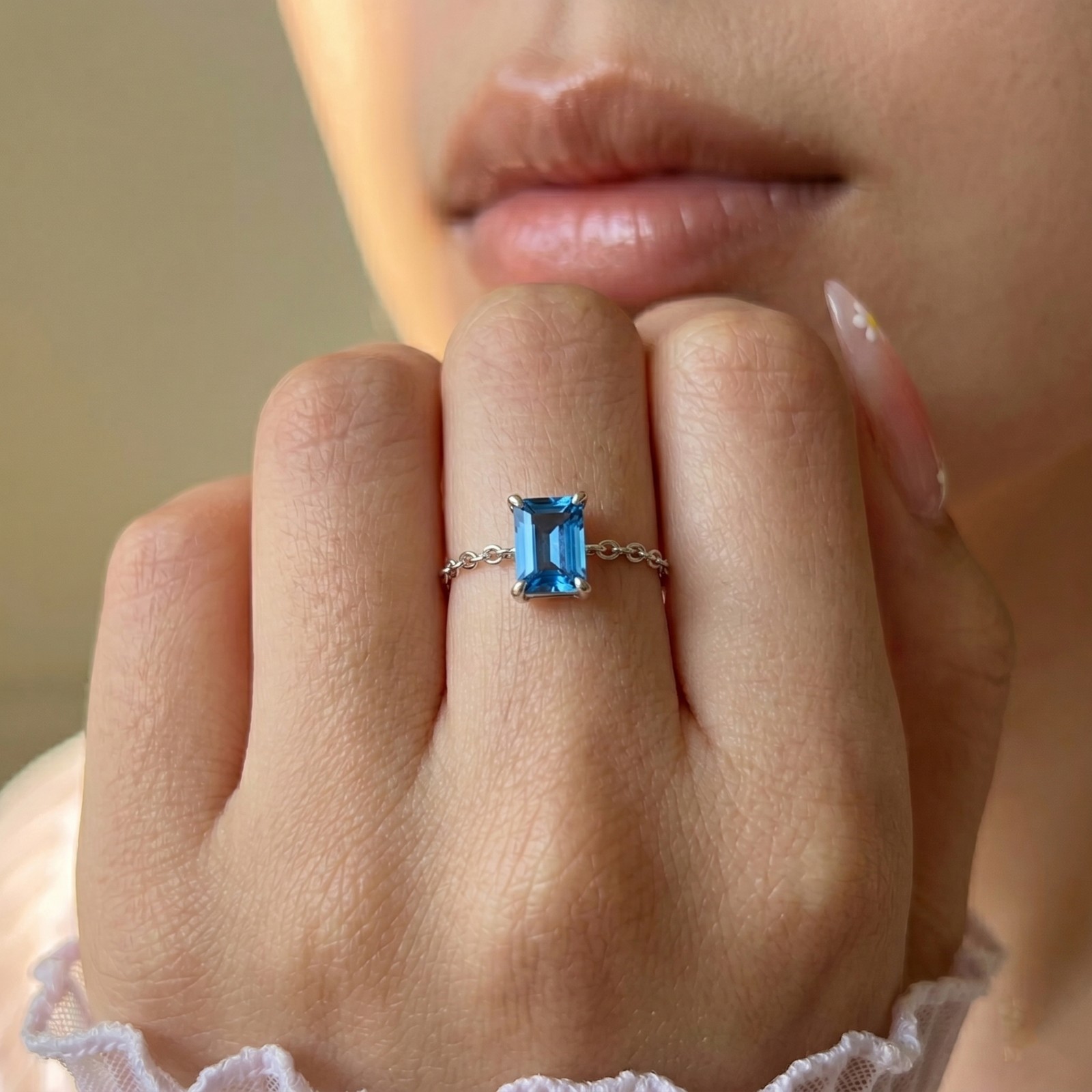 Sterling Silver 925 Blue Topaz Gemstone Slider Chain Ring Adjustable Gift
