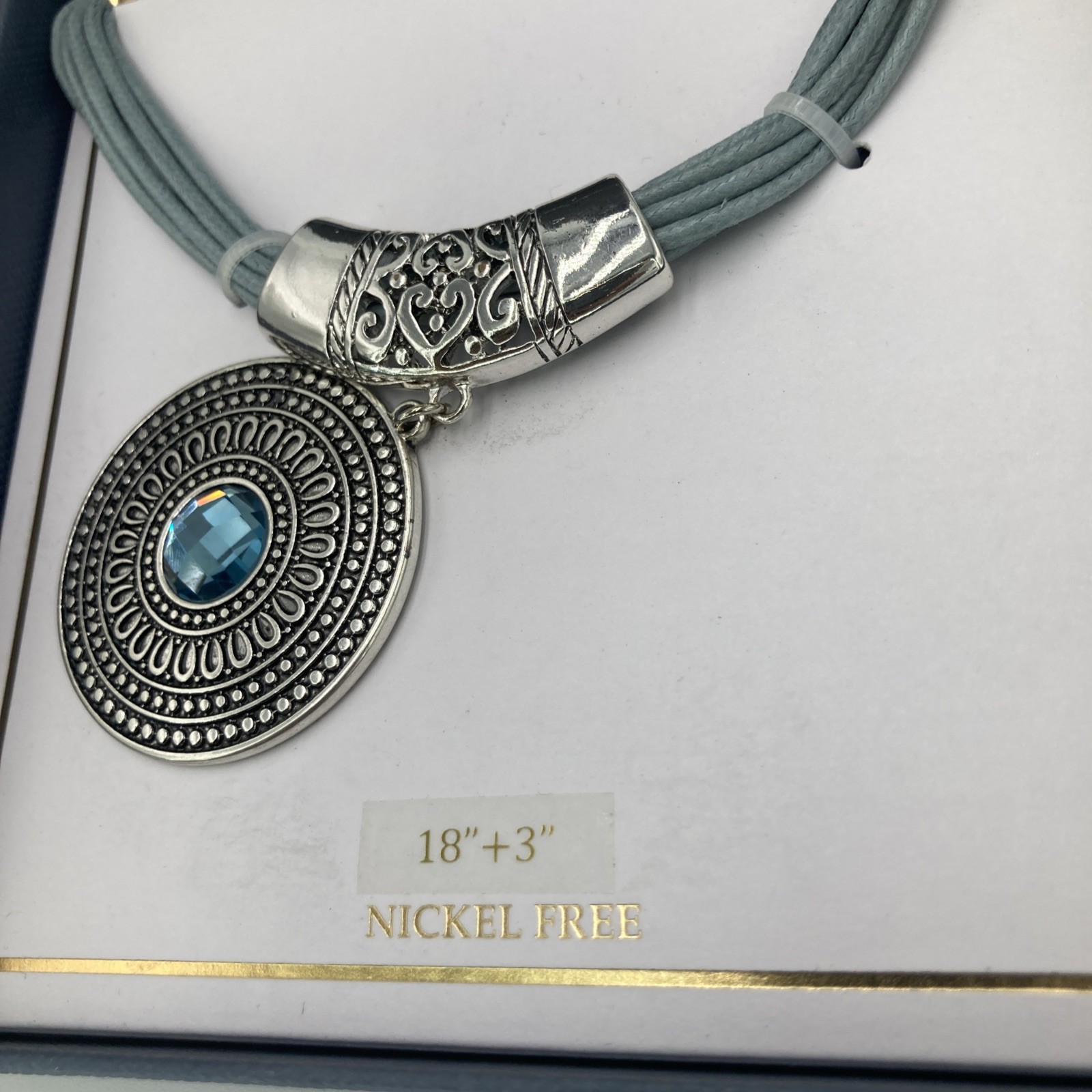 Statement Necklace Silver Tone Medallion Pendant Blue Faux Gem Cord New in Box