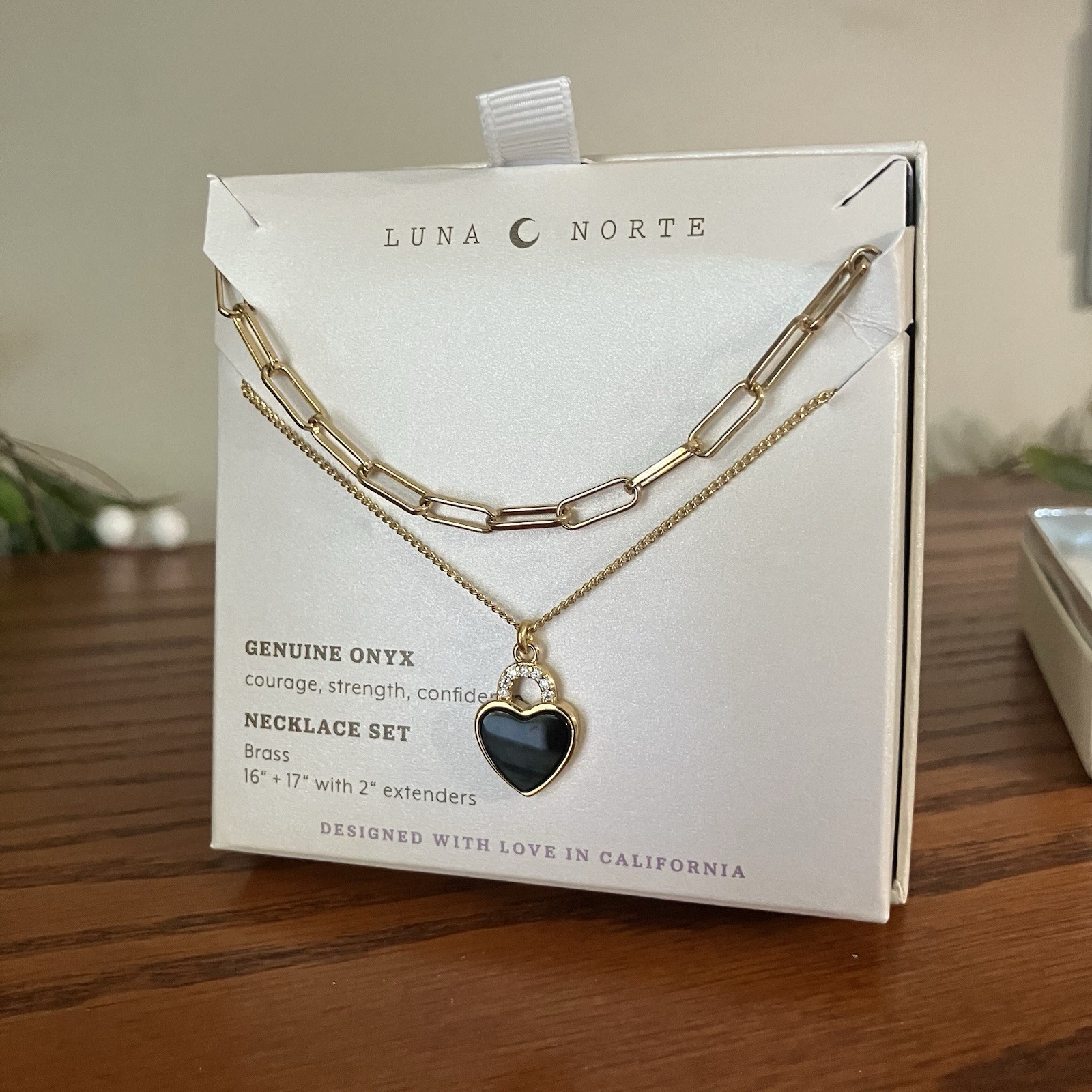 Luna Norte Genuine Black Onyx Heart 2 Necklace Set Paperclip Link Gold Chain