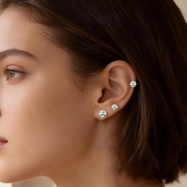 5 Pairs 14K Gold Silver Stainless Steel CZ Stud Earrings Set Women Men 3-7mm