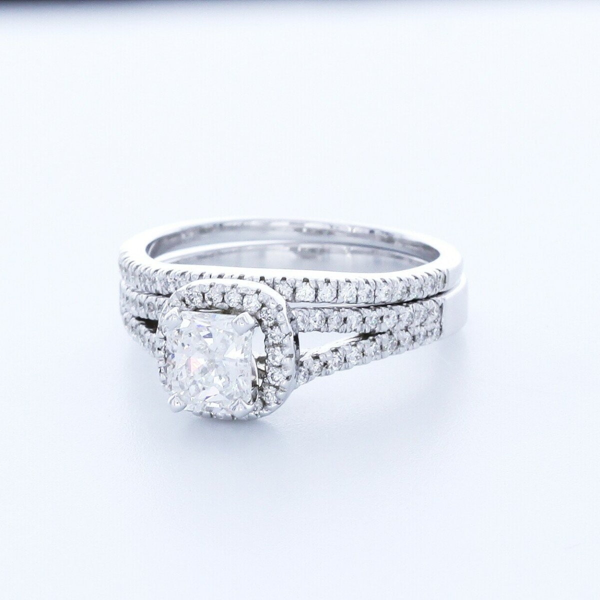 1.8CT Lab-Created Diamond E/VVS1 Cushion 18K White Gold Halo Side-Stone Ring Set