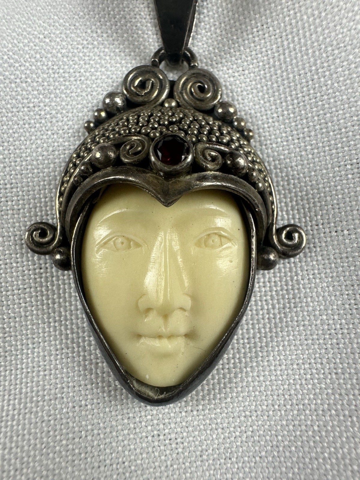 Vintage Sajen Sterling Silver 925 Carved Face Goddess Red Gemstones Pendant 2″