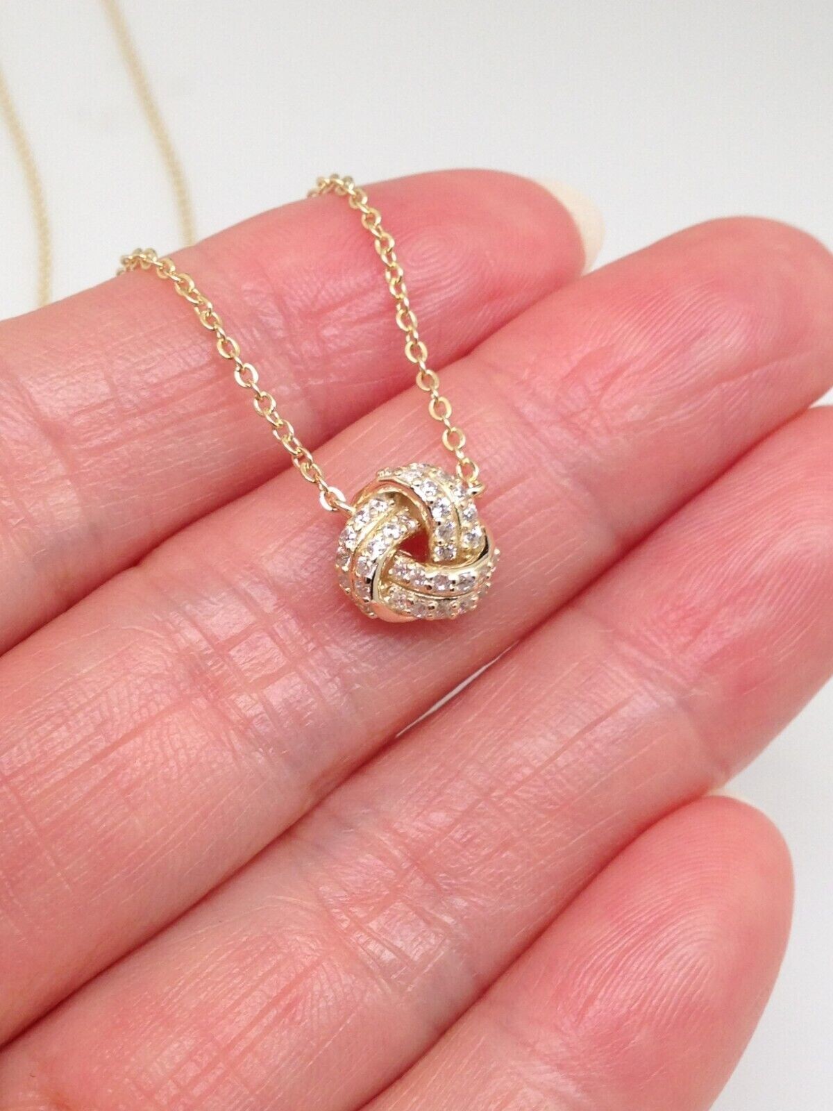925 Sterling Silver CZ Gold Love Knot Pendant Necklace Women 8mm 15.75-17.75″
