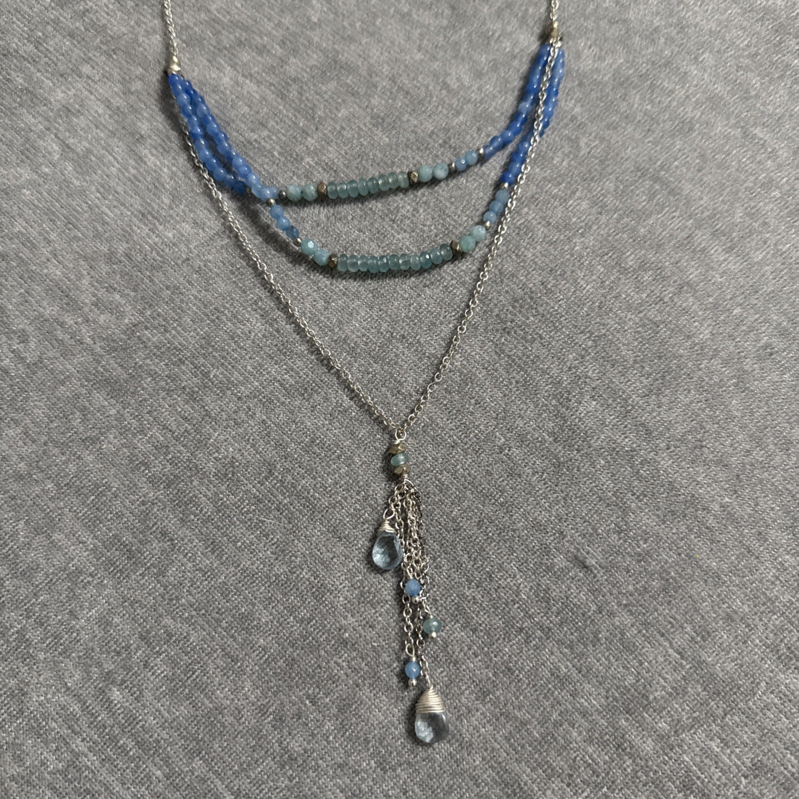 Nakamol Lariat Necklace Natural Blue Stones Bead Crystal Silver Chain Boho