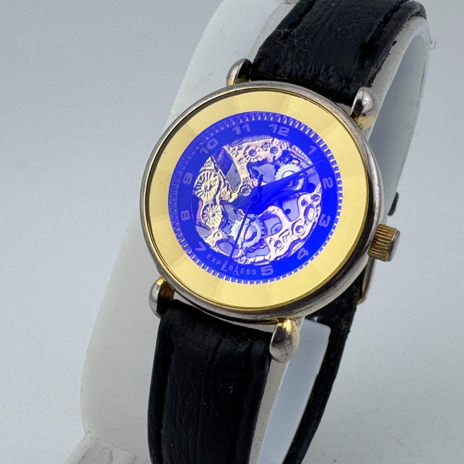 VTG LA Express Quartz Watch Women Gold Tone Skeleton Prism Leather New Battery