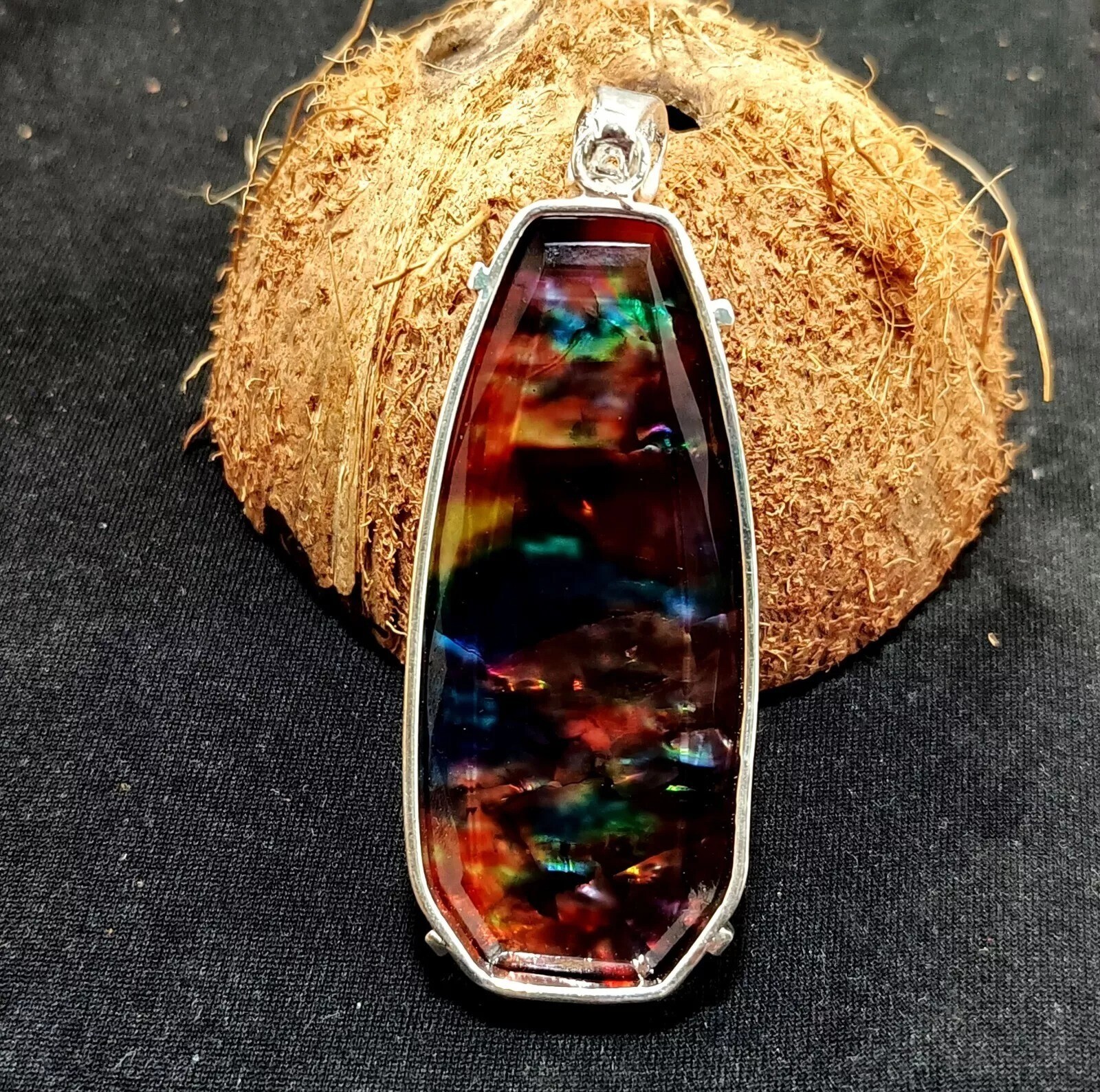 92.57 Ct Natural Ammolite Opal Doublet Pendant Multi-Color Rare Loose GEMSTONE