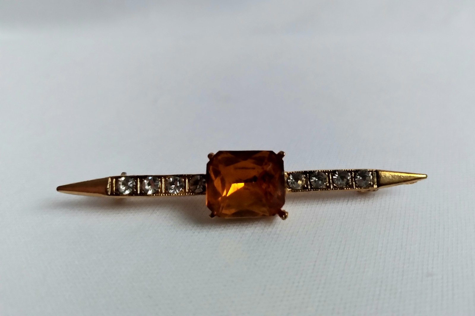 Vintage Faux Citrine Centered Clear Rhinestones Accents Bar Brooch Unsigned