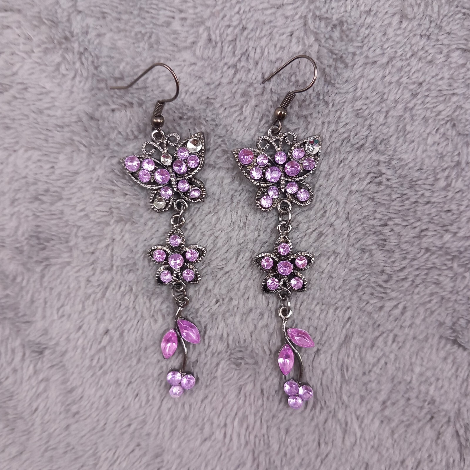 Unbranded Silver Purple Rhinestone Butterfly Floral Drop Earrings Y2K One Size