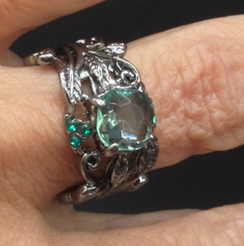 Gunmetal Black Gothic Oval Light Blue Stone Leaf Vine Accent Statement Ring