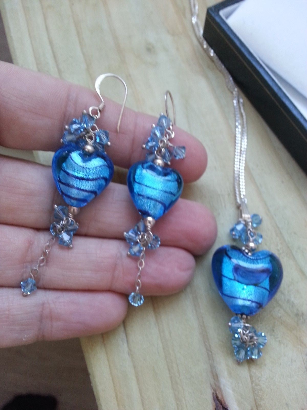 Blue Murano Glass Heart Shape Necklace With Matching Pierced Drop Earrings