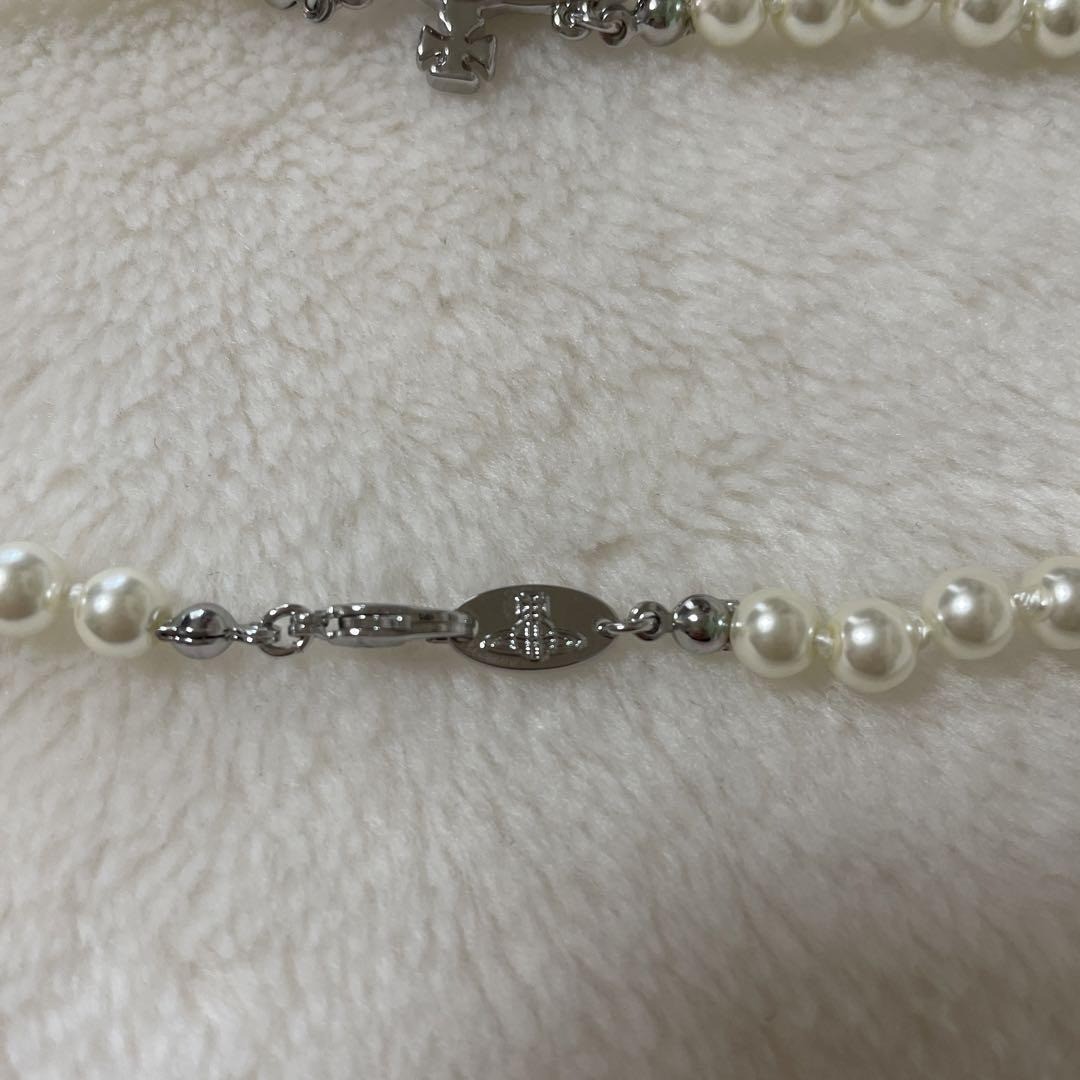 Vivienne Westwood Necklace Pearl Choker Mini Bas relief Silver w/Pouch NO BOX