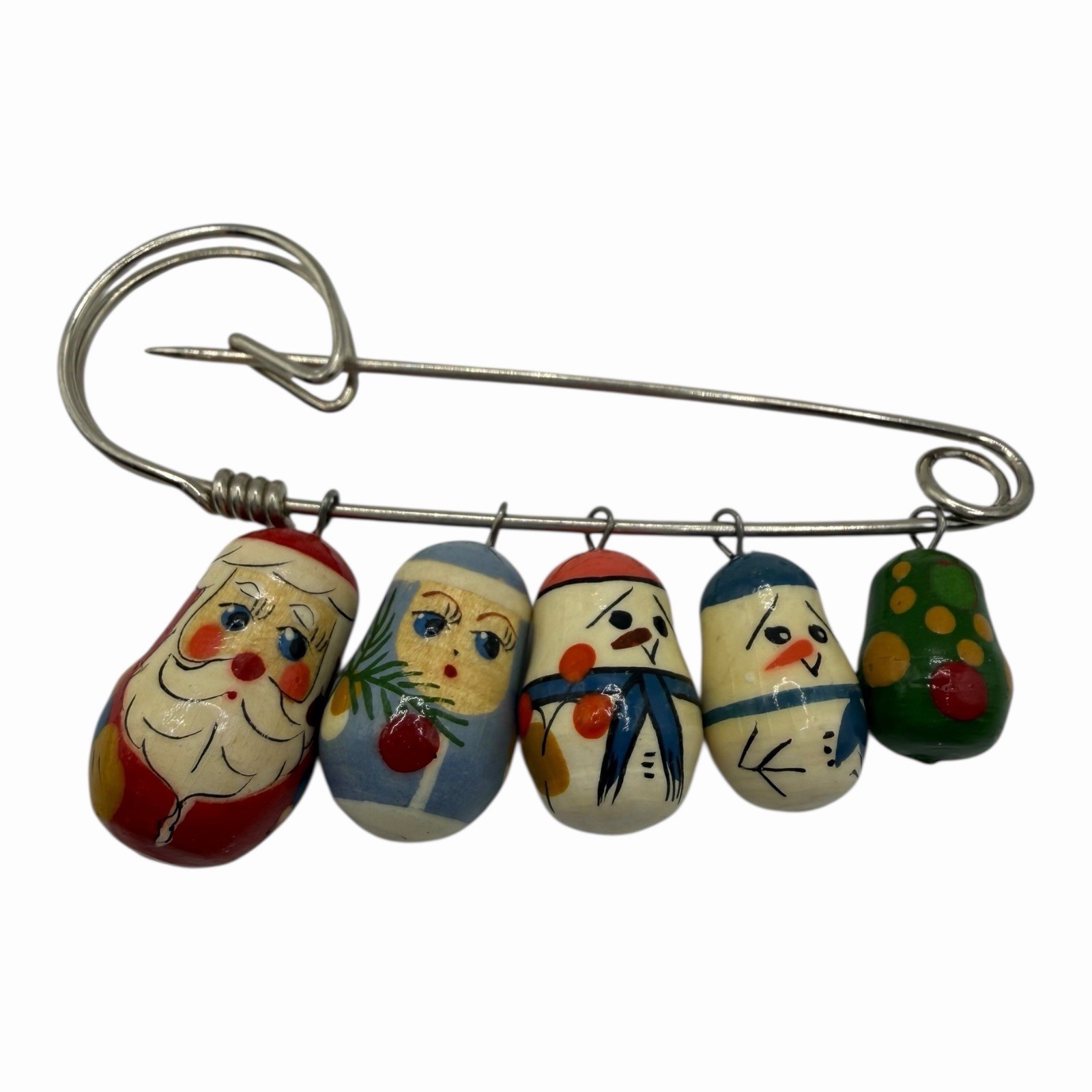 Wood Russian Doll Christmas Pin Hand Painted Santa Nesting 2 5/8 In EUC