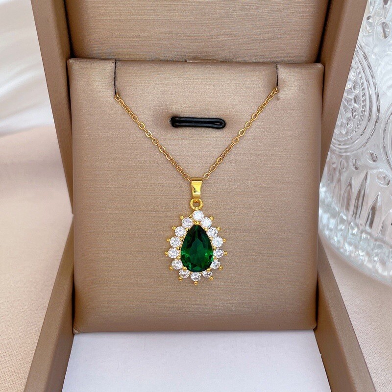 18K Gold Plated Crystal Teardrop Emerald Pendant Necklace for Women Gifts